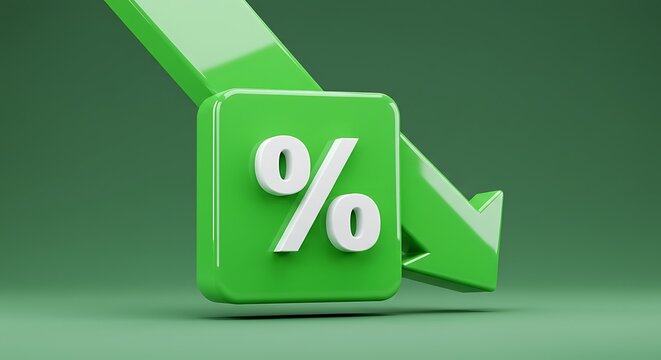 Green downward arrow with percentage symbol isolated on green background