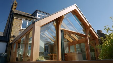 A detailed artistic interpretation of a modern house extension featuring light wooden beams, sleek glass frames, and advanced solar roof panels under a clear, bright sky.