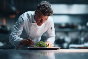 Focused chef meticulously plating a vibrant salad. Symbolizing precision, culinary arts, and dedication to detail. Ideal for gastronomy, restaurant, or food blog imagery.