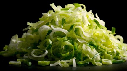 Intricate Culinary Presentation of Fresh Leek Slices, Neatly Cut and Minced, Showcasing Organic Textures and Vibrant Details in a Lively Setting