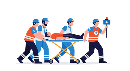 Obraz premium Emergency medical team carrying patient on stretcher, vector illustration, flat design, healthcare concept 
