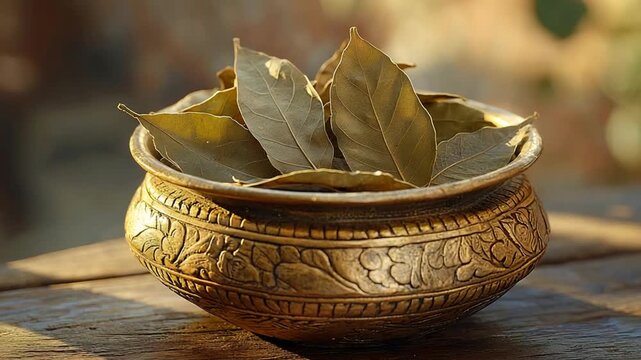 dried tej patta (Indian bay leaf) in a traditional indian brass spice container close-up video