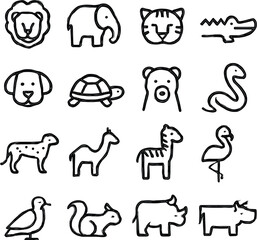 Wild animal icon set with zoo animals, jungle creatures, safari wildlife, pets, reptiles, birds, mammals, and exotic species.