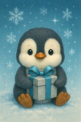 Fototapeta premium Adorable cartoon penguin holding a gift, surrounded by snowflakes. Perfect for festive designs, children's products, or holiday marketing materials.