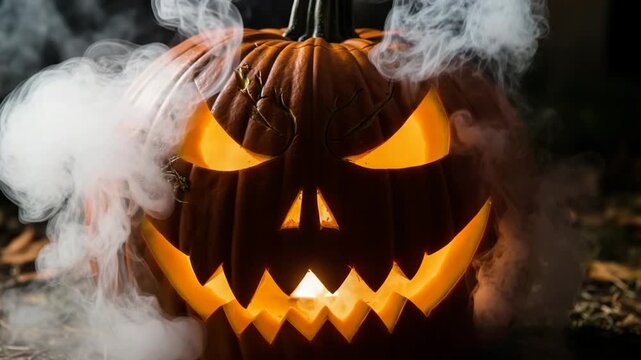 Creepy glowing Halloween jack o lantern pumpkin with sinister carved face surrounded by swirling smoke in dark spooky atmosphere