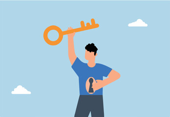 Unlock true potential, businessman with a golden key opening keyhole in his shirt