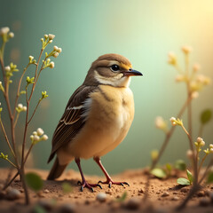 Fototapeta premium Small Brown Bird Standing on Ground with Flowers