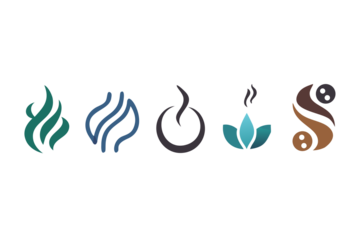 Five elemental symbols representing fire water earth air and spirit on a black background