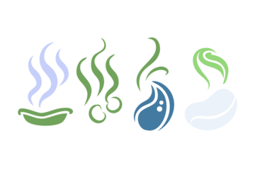 Four stylized representations of steam or aroma rising from different objects against a black background