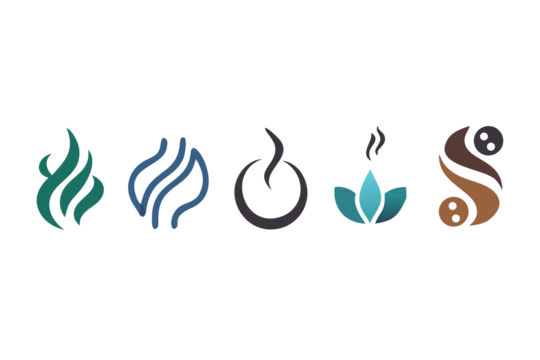 Five elemental symbols representing fire water earth air and spirit on a black background