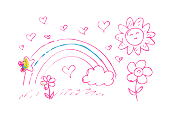 Childlike drawing of a rainbow sun and flowers with colorful glowing lines on black background