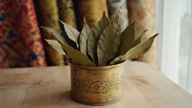 close-up of dried tej patta indian bay leaf in a traditional indian brass container video orbit in
