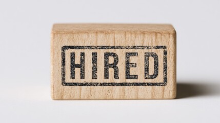 Close Up Of A Light Brown Wooden Stamp With The Word Hired Imprinted In Bold Black Letters On A White Background