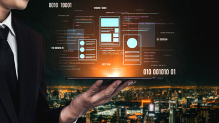 UI UX mockup showing application layout, structure, and code interface. UI design defines user flow, UI design improves clarity, UI design enhances experience, and UX design supports logic. Vouch