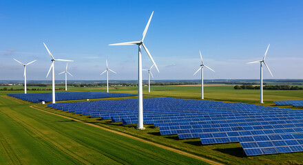 Wind turbines and solar panels generating clean energy on a sunny day.