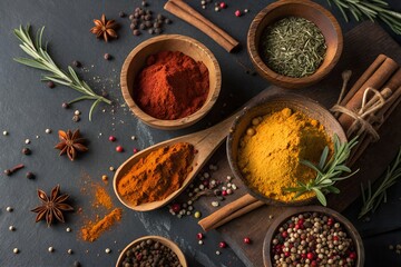 Assortment of colorful spices and herbs in wooden bowls and spoons