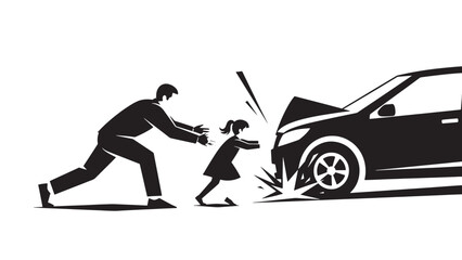 Fototapeta premium Father and daughter desperately push a car forward, symbolizing effort and struggle against an obstacle.