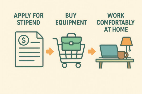 Remote work stipend application process home office setup infographic digital workspace visual perspective - Powered by Adobe