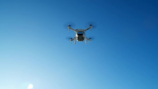 Modern white drone taking off and flying high into the bright blue sky on a sunny day.
