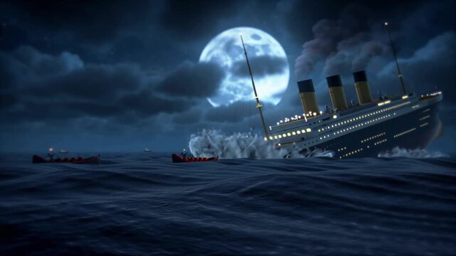 The titanic sinking in the ocean under a full moon on a dark night