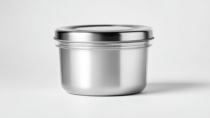 Close Up Of A Metal Food Container With Secure Lid On A Plain White Background