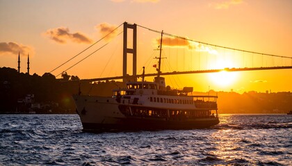 Obraz premium Sunset Ferry with Istanbul Bridge.