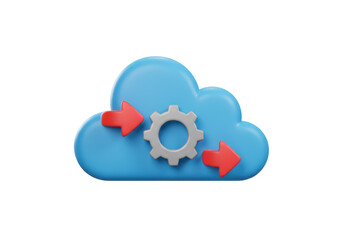 Isolated 3D Render of a Cloud with Gear and Arrows, Representing Cloud Computing Settings