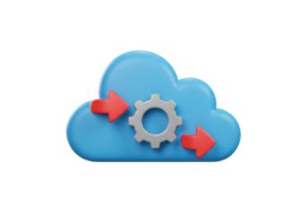 Isolated 3D Render of a Cloud with Gear and Arrows, Representing Cloud Computing Settings