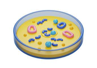 Isolated 3D Render of a Petri Dish with Colorful Microorganisms, Science and Biology