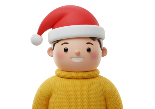 Isolated 3D Render of a Happy Man with Christmas Hat and Yellow Sweater, Festive Portrait