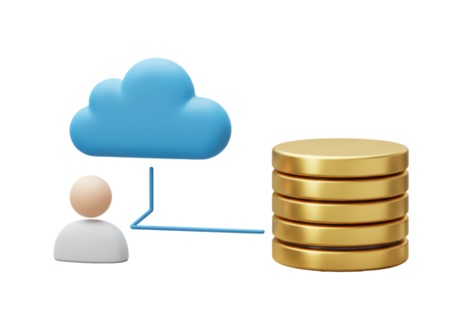 Isolated 3D Render of Cloud Connecting to User and Database, Representing Cloud Storage