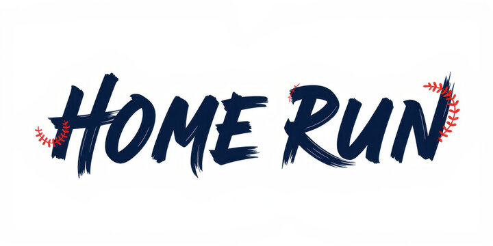 Home run typographic art with dynamic brush font and baseball elements  