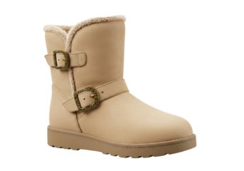 Isolated Beige Winter Boots with Buckles and Fur Lining