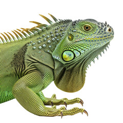 Fototapeta premium Close up of a green iguana head and body isolated on transparent background