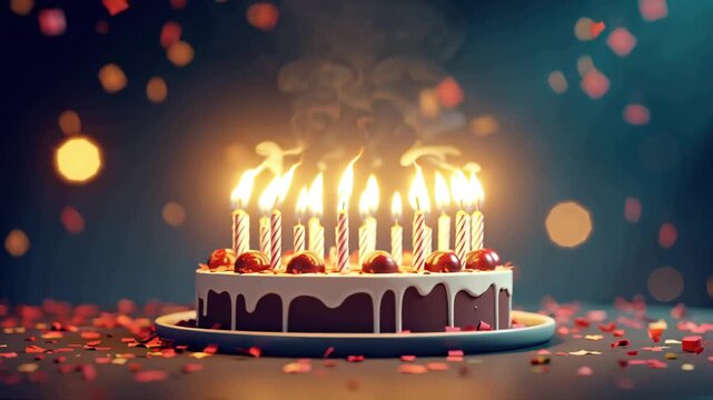 A birthday cake with lit candles surrounded by confetti in a festive setting