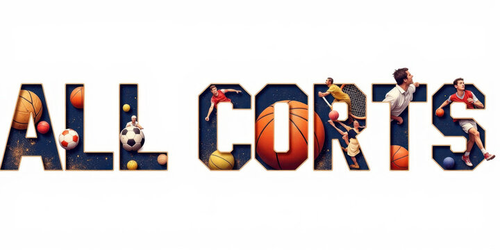 Typographic art of sports featuring athletes and various balls  
