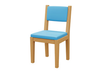 Isolated Simple Wooden Chair with Blue Upholstery on White Background