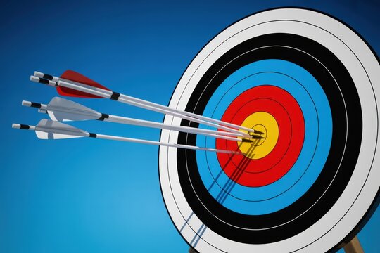 Arrows hitting the bullseye of a target with concentric circles against a blue background scene view - Powered by Adobe