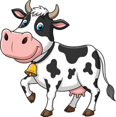 Cartoon cow illustration, dairy farm cow, cute cow with bell, happy cow clipart, black and white cow drawing, farm animal