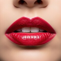 Obraz premium Close-up of female lips with glossy red lipstick and smooth skin