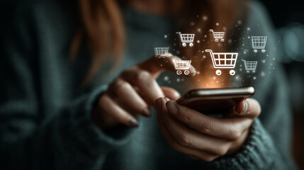 Online Shopping: A person engrossed in an online shopping experience, their hand delicately interacts with a smartphone, symbolizing convenience, and technological advancement