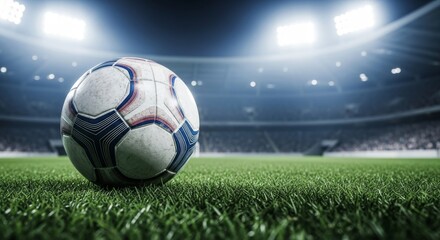 Naklejka premium Soccer Ball on Green Field at Night