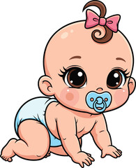 Cute baby cartoon, crawling baby illustration, baby girl clipart, infant vector art, adorable newborn drawing, pacifier baby artwork, baby shower design