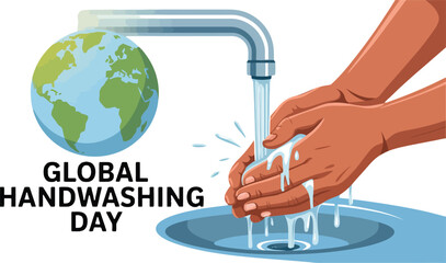 Earth and hands washing under faucet water promoting global hand hygiene handwashing planet