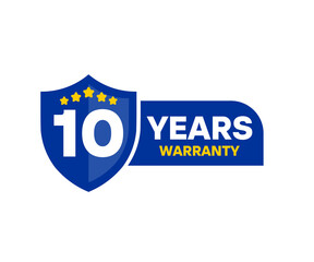 10 Years warranty shield label icon badge design. 10 Years Warranty Badge Label illustration on transparent background.