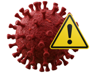 Isolated Red Coronavirus Model with Yellow Warning Sign on White Background