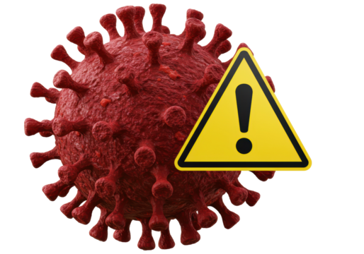 Isolated Red Coronavirus Model with Yellow Warning Sign on White Background