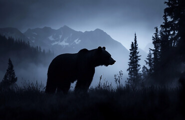Silhouette of a Bear in a Misty Mountain Landscape at Twilight Hour