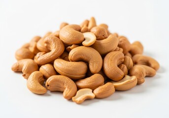 Fototapeta premium Roasted Cashews on White Background - A pile of roasted cashew nuts sits on a pristine white background. Perfect for food blogs, packaging, or recipes