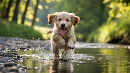 A playful puppy running through water.